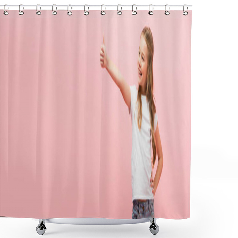 Personality  Horizontal Image Of Girl In White T-shirt With Hand On Hip Showing Thumb Up While Looking Away Isolated On Pink Shower Curtains