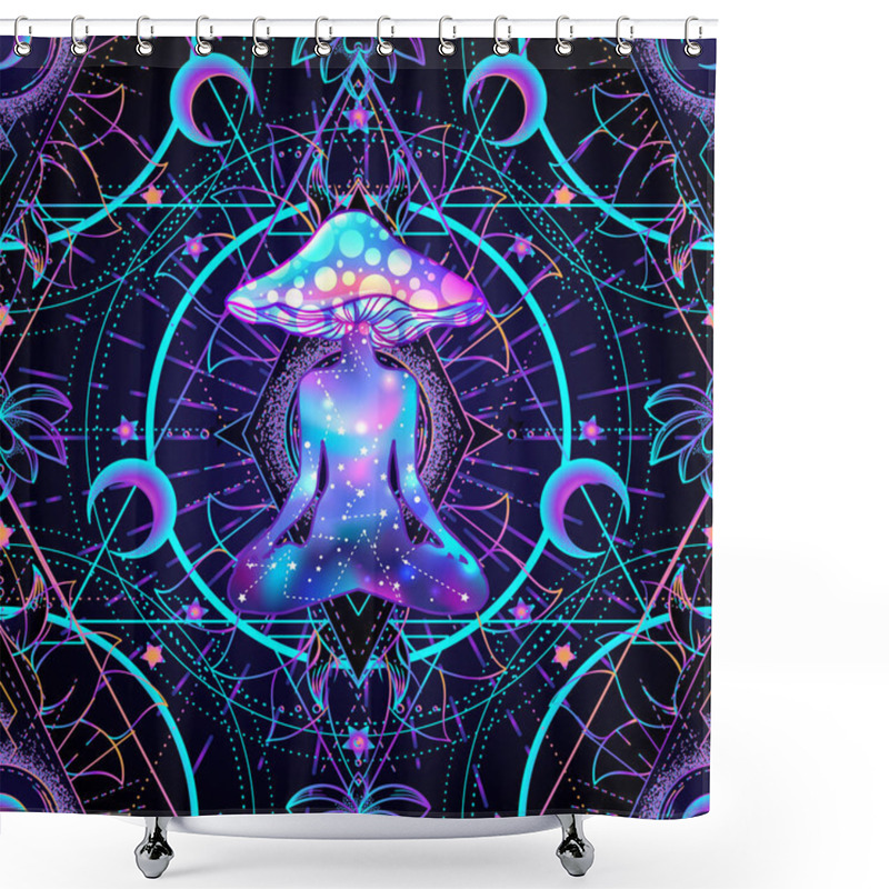 Personality  Psychedelic Seamless Pattern With Magic Mushrooms Over Sacred Geometry. Vector Repeating Illustration. Psychedelic Concept. Rave Party, Trance Music. Shower Curtains