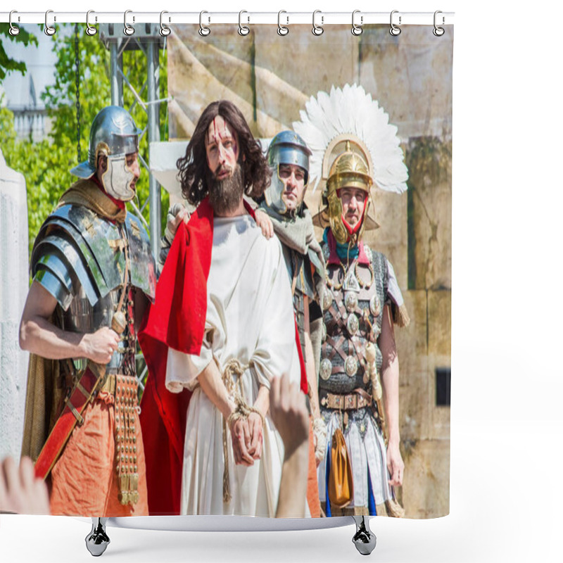 Personality  Easter Theatrical Production. Awesome Acting Game. The Betrayal, Death And Resurrection Of Jesus Christ. Jews, Roman Soldiers, Disciples Of Jesus And Jesus Himself. The Events Take Place On Central Street Of  City Of Odessa, Ukraine, April 27, 2019. Shower Curtains