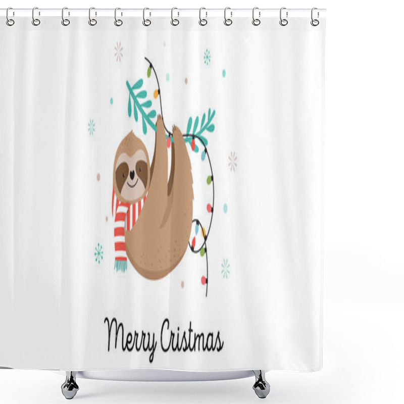 Personality  Cute Sloths, Funny Christmas Illustrations With Santa Claus Costumes, Hat And Scarfs, Greeting Cards Set, Banner Shower Curtains