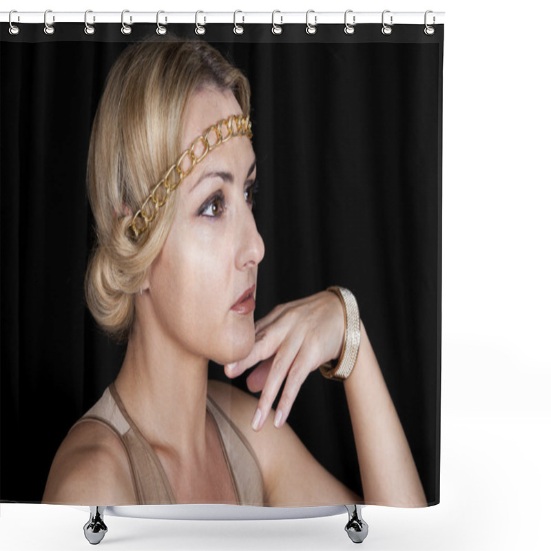 Personality  Girl In The Greek Style, With Chain-rim On The Head And A Gold Bracelet On Her Arm. Shower Curtains