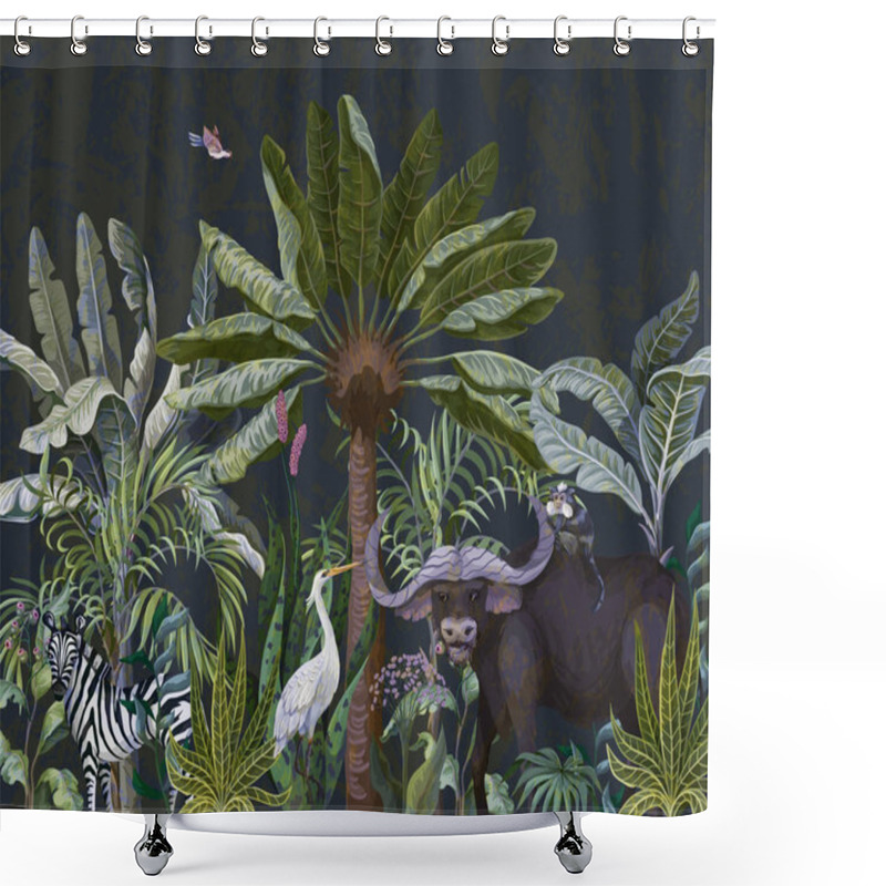 Personality  Border With Bull And Other Animals In Jungle. Vector. Shower Curtains