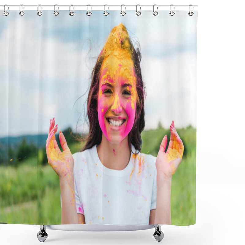 Personality  Happy Woman With Pink And Yellow Holi Paint On Face  Shower Curtains