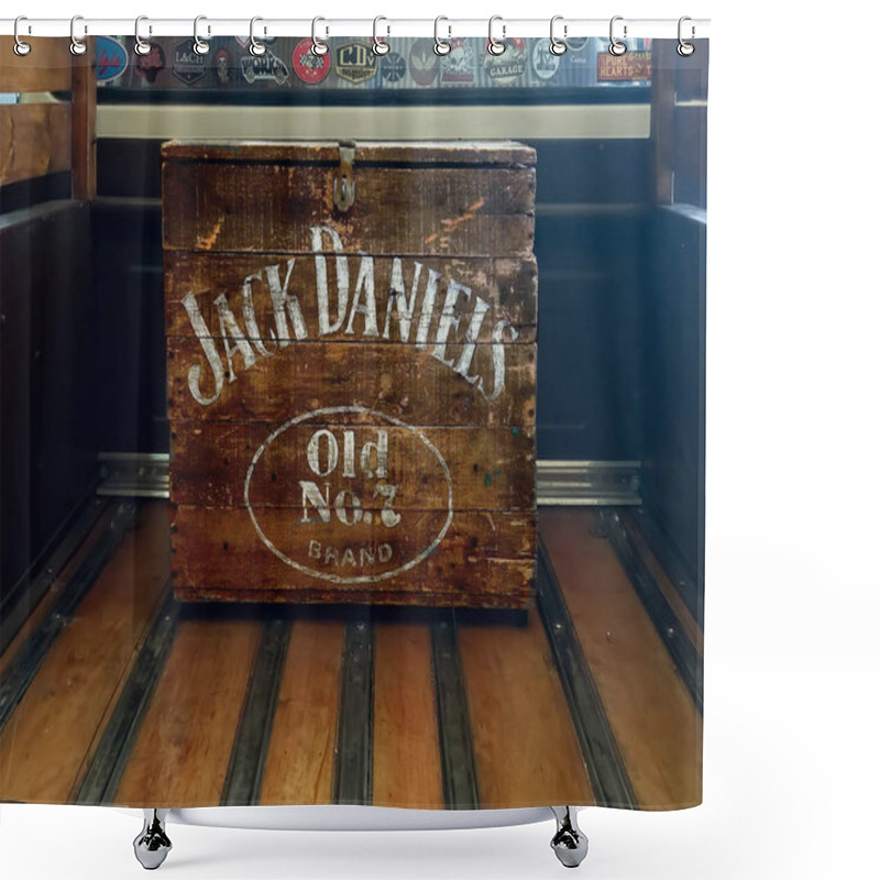 Personality  Worn Wooden Jack Daniels Old No. 7 Whiskey Box On The Bed Of A Pickup Truck. Emblem Logo And Brand. White Letters. Shower Curtains