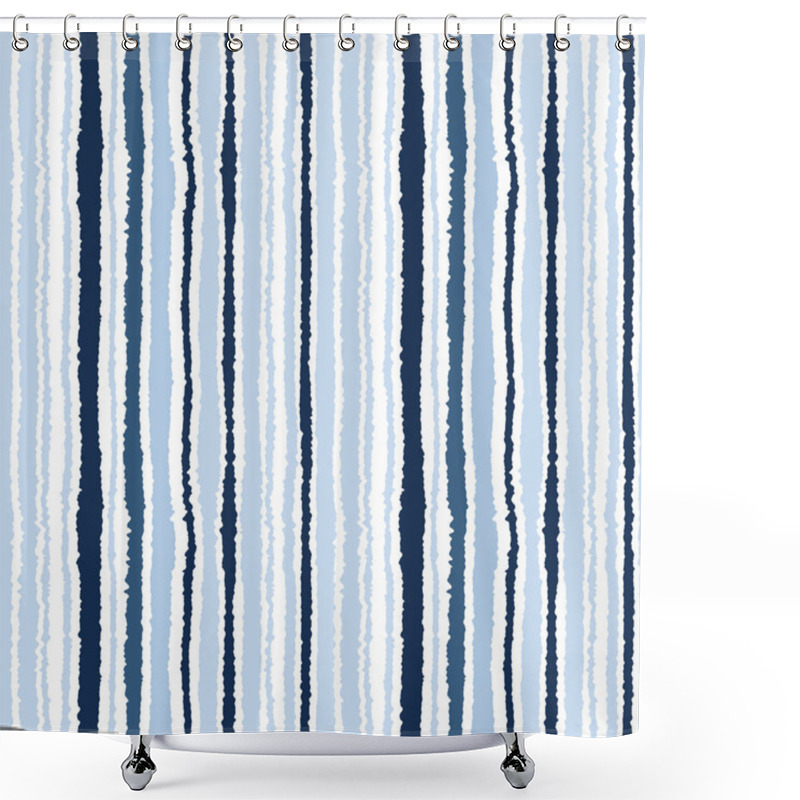 Personality  Seamless Striped Pattern. Vertical Narrow Lines. Torn Paper, Shred Edge Texture. Gray, Blue, White Colored Background. Cold Sea Theme. Vector Shower Curtains