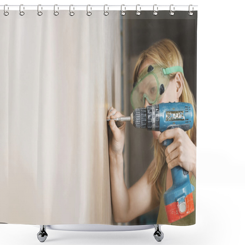 Personality  Woman Using Cordless Screwdriver Shower Curtains