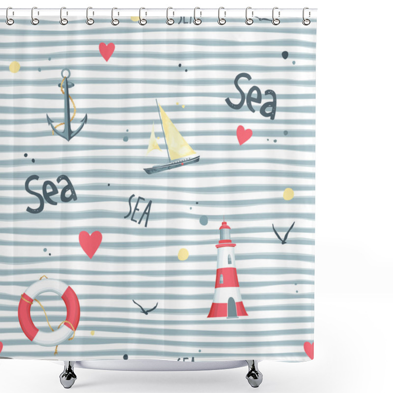 Personality  Pattern Sailboat, Lifebuoy, Anchor, Lighthouse Shower Curtains