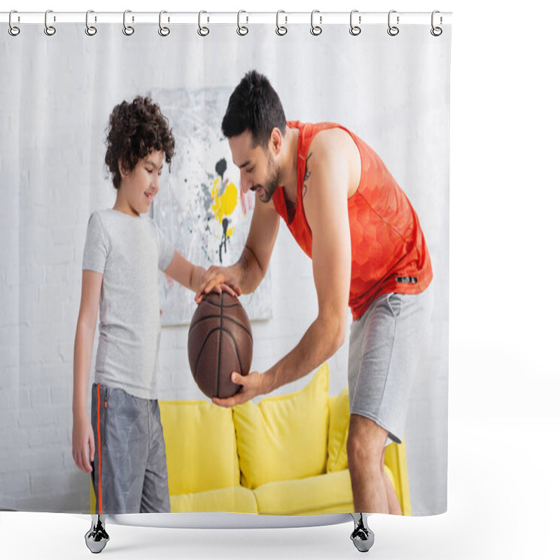 Personality  Smiling Arabian Man With Basketball Teaching Son At Home  Shower Curtains