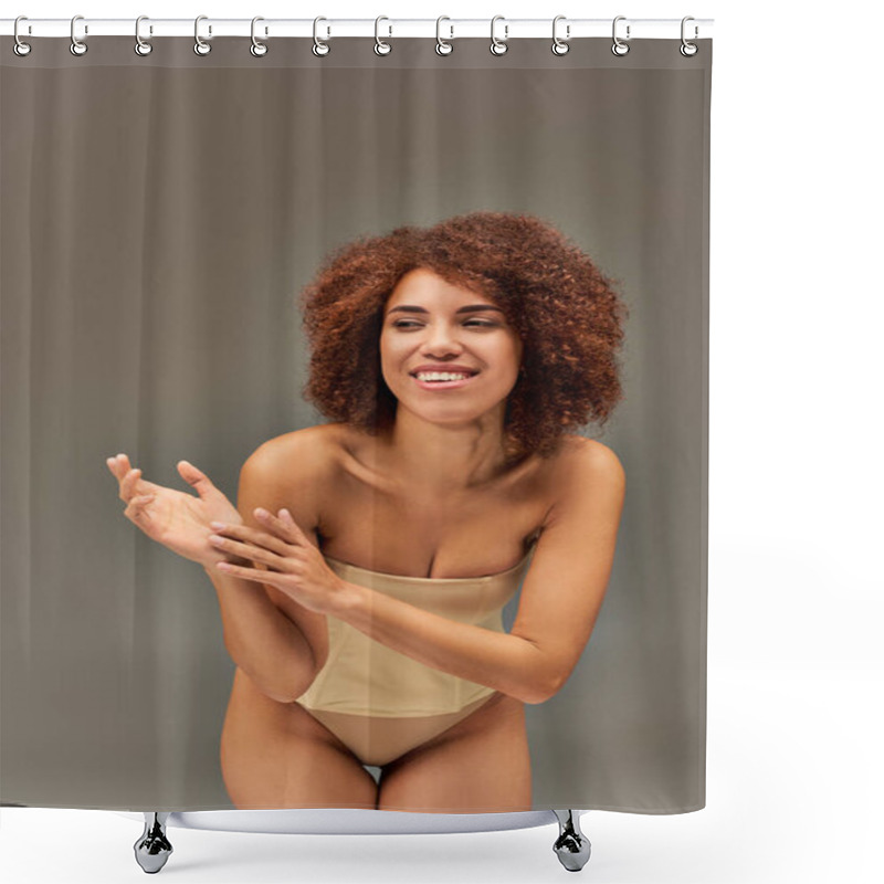 Personality  Happy Attractive African American Woman In Pastel Underwear Smiling Cheerfully, Fashion Concept Shower Curtains