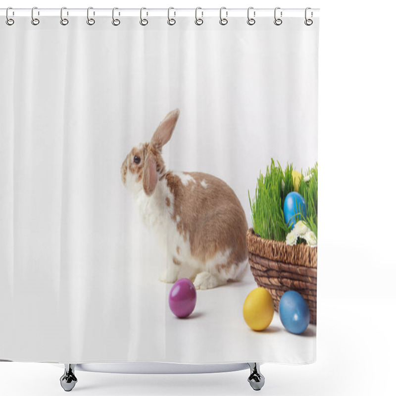 Personality  Side View Of Rabbit Near Easter Basket With Grass And Eggs, Easter Concept Shower Curtains