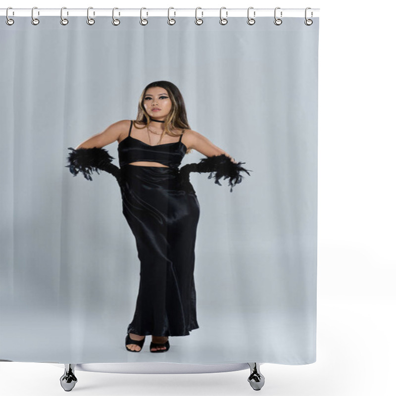 Personality  Asian Woman In Black Satin Dress And Feathered Gloves Poses Against Grey Background. Shower Curtains