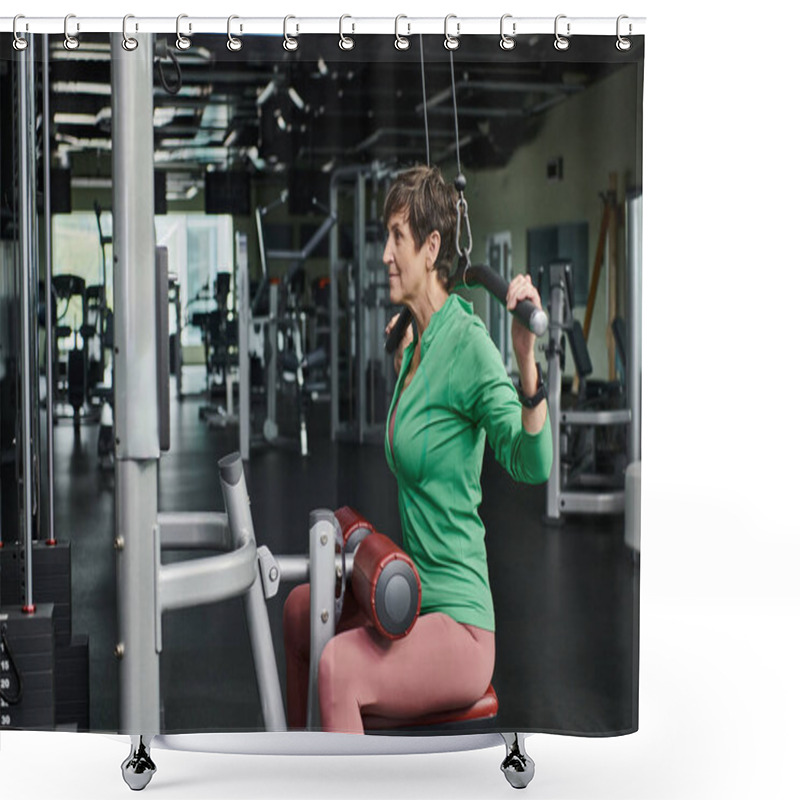 Personality  Athletic And Motivated Elderly Woman Working Out In Gym, Mature Fitness, Exercise Machine, Side View Shower Curtains