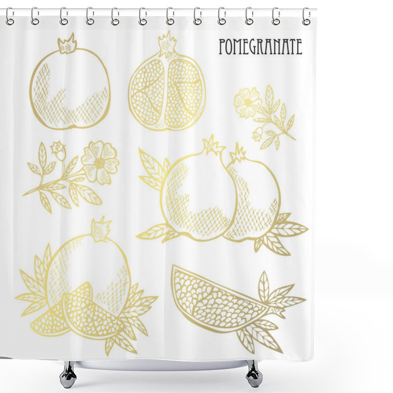 Personality  Hand Drawn Golden Pomegranates, Whole And Sliced, Design Elements. Can Be Used For Cards, Invitations, Scrapbooking, Print, Fabric, Manufacturing, Food Themes. Golden Fruits Shower Curtains