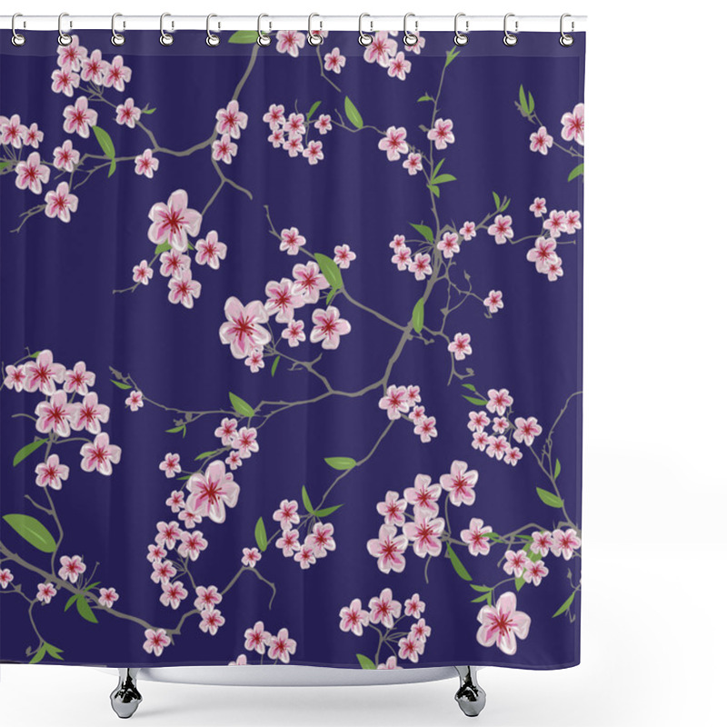 Personality  Chinese Sakura Dark Blue Kimono Seamless Pattern Shower Curtains