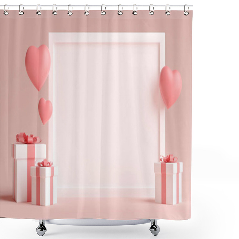 Personality  Horizontal White Photo Frame Mockup With Hearts, Love And Gifts For Valentines Day In 3D Rendering. Minimal 3D Illustration Wedding Concept Background Shower Curtains