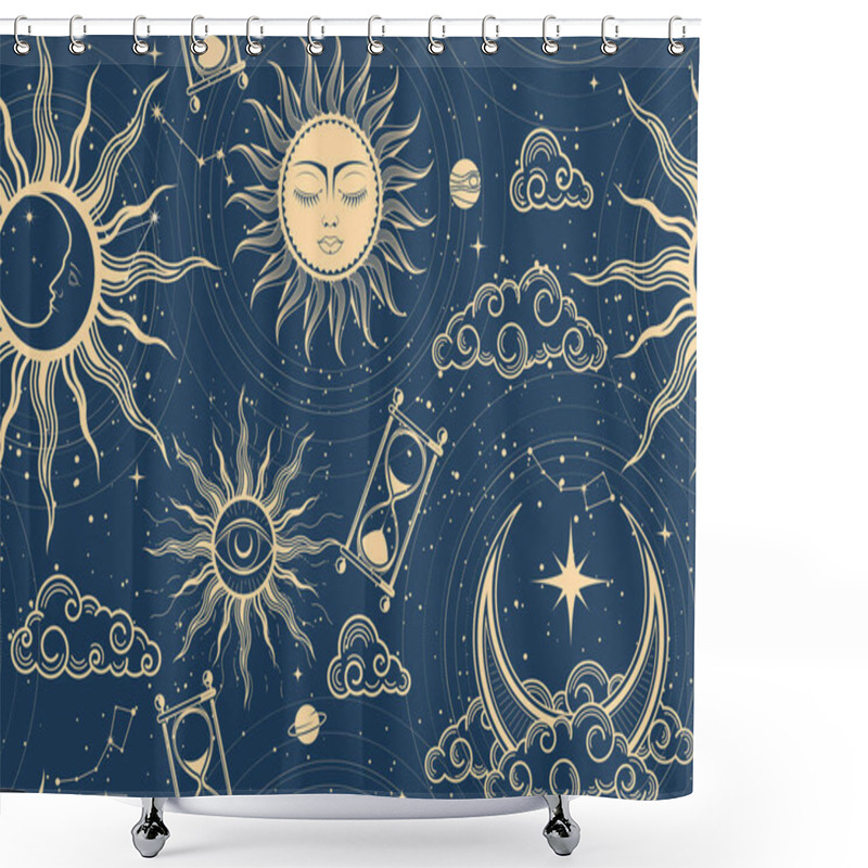 Personality  Seamless Mystic Space Pattern With Sun, Moon And Stars, Cosmos Background In Tarot Style, Astrology Magic Sky, Abstract Esoteric Ornament, Vector Shower Curtains