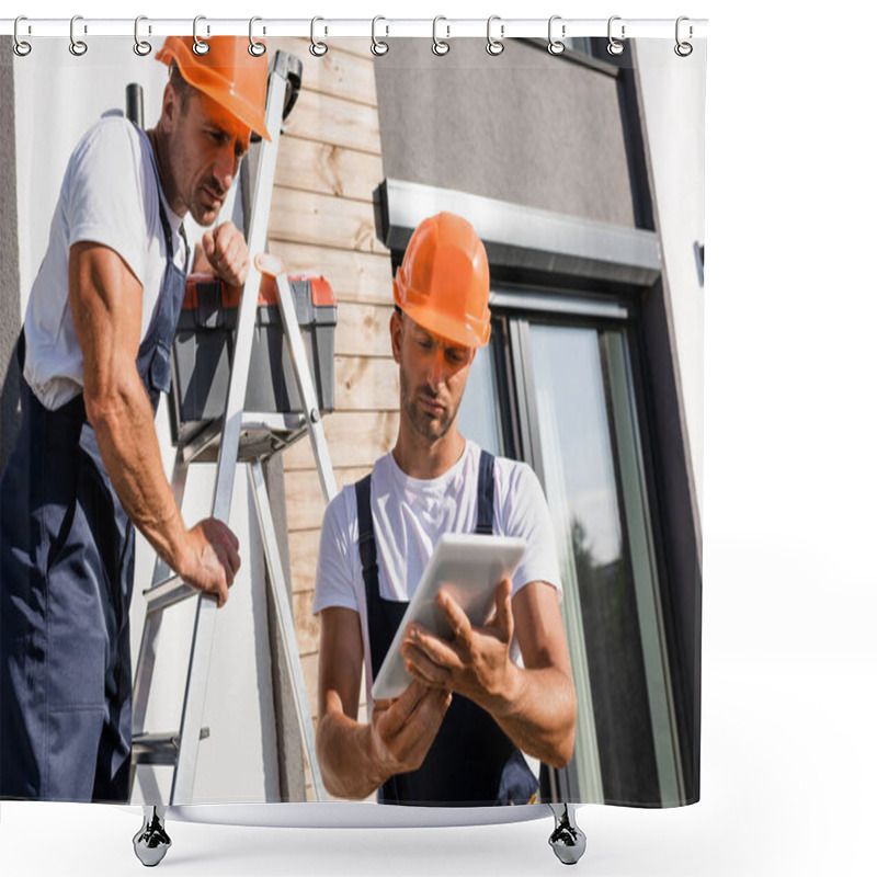 Personality  Workmen With Ladder And Toolbox Using Digital Tablet Near Building  Shower Curtains