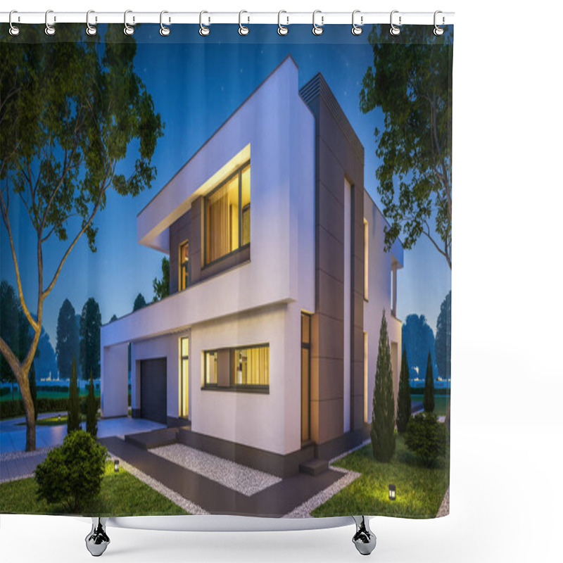 Personality  3d Rendering Of Modern House At Night Shower Curtains