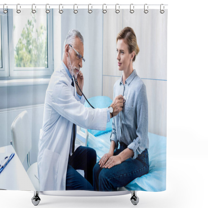 Personality  Serious Mature Male Doctor Examining Female Patient By Stethoscope In Hospital Room Shower Curtains