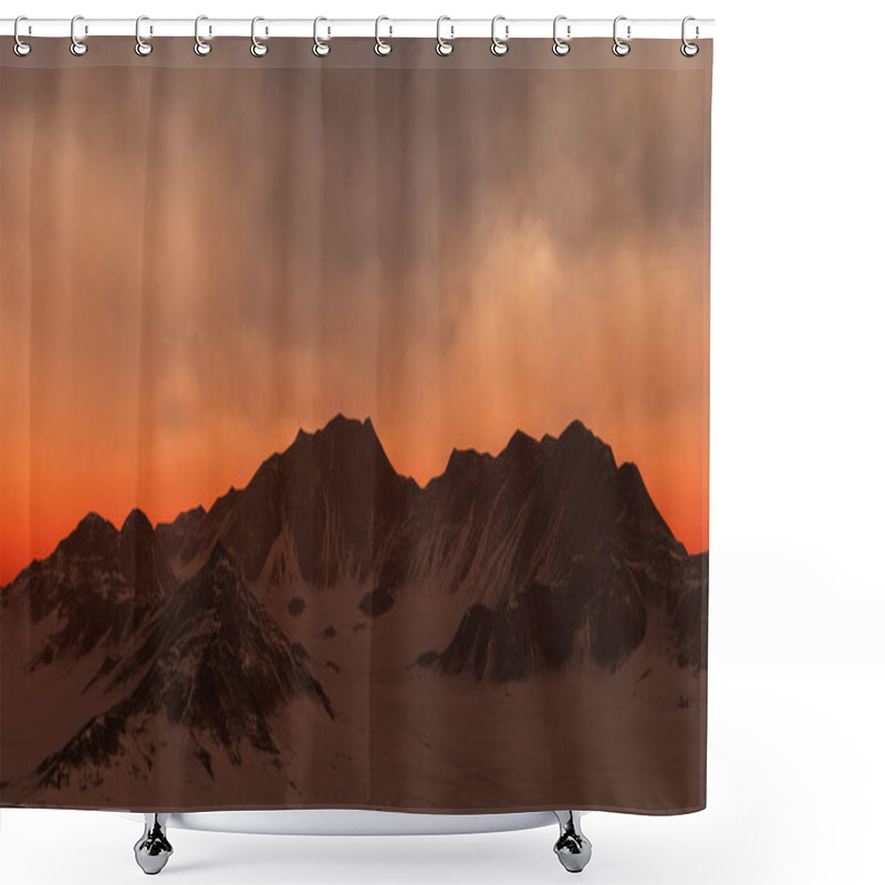 Personality  Winter Mountain Landscape With Cloudy Sky At Sunset. Digitally Generated Image. Shower Curtains