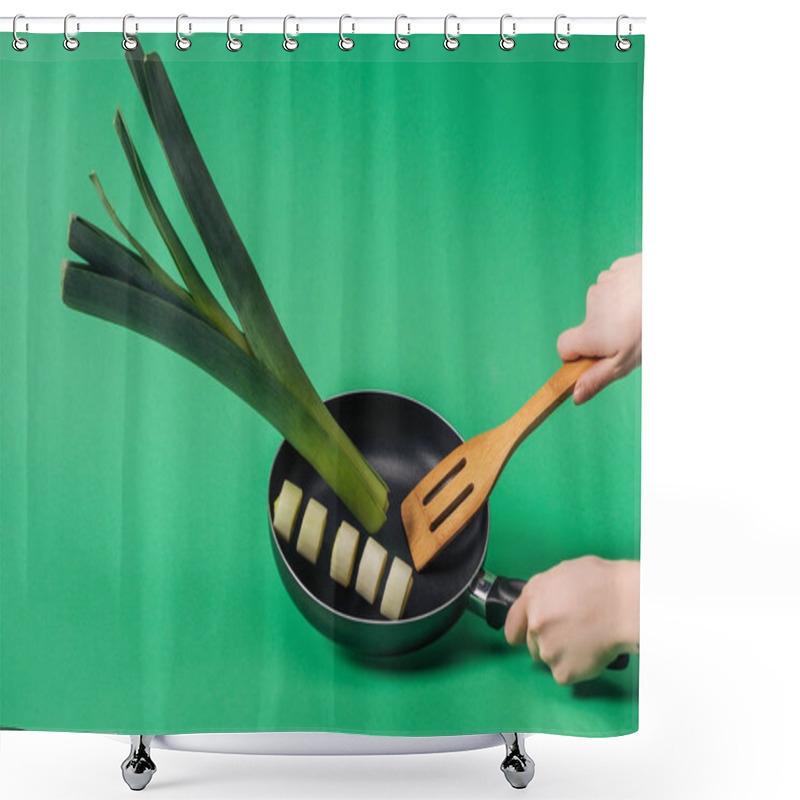 Personality  Cropped View Of Woman Cooking Freshly Sliced Aromatic Leek In Frying Pan On Green Background Shower Curtains