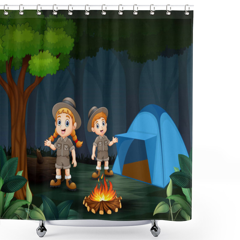 Personality  Cartoon Of Two Zookeepers Are Camping In The Forest Shower Curtains