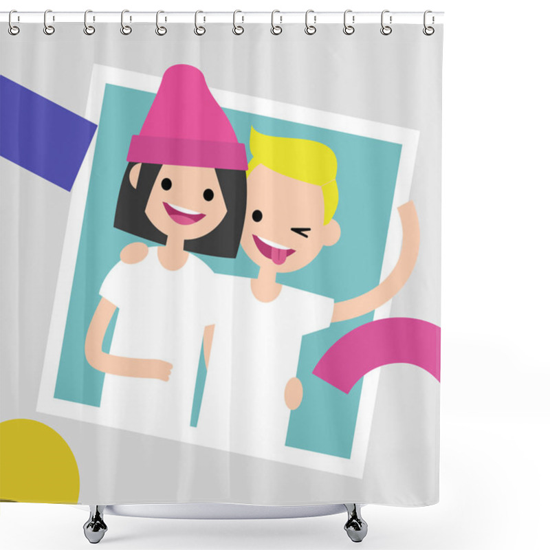 Personality  Best Friends Photo Frame. Two Young Friends Hugging Each Other. Flat Editable Vector Illustration, Clip Art Shower Curtains