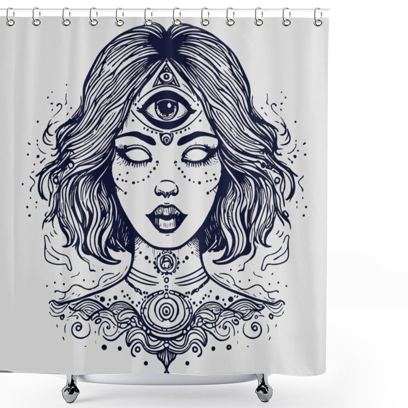 Personality  Wiccan And Occult Woman Face With Third Eye, Chakras And Spirituality Concept Art. Tattoo Vector Of A Psychedelic Witchy Fortune Teller With Runes And Spells On Her Face. Shower Curtains