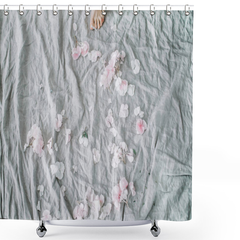 Personality  Pale Pink Flower Petals On Grey Blanket And Female Foot. Elegant Festive Background. Shower Curtains