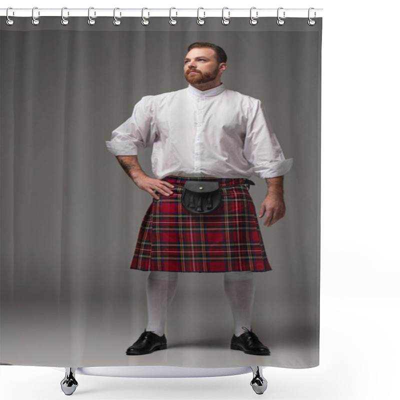 Personality  Scottish Redhead Man In Red Kilt With Hand On Hip Looking Away On Grey Background Shower Curtains