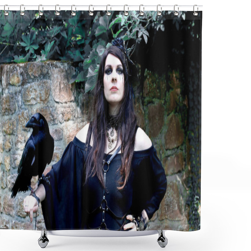 Personality  Fantasy Photo Of A Woman Dressed As A Witch With A Raven On Her Hand Shower Curtains