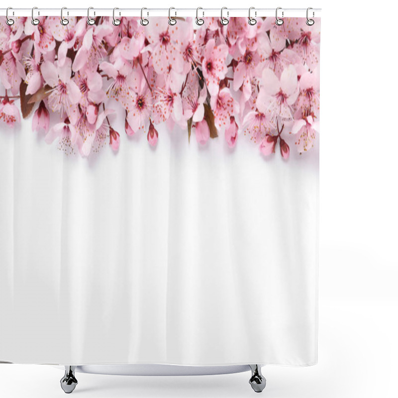 Personality  Beautiful Spring Tree Blossoms As Border On White Background, Top View. Space For Text Shower Curtains