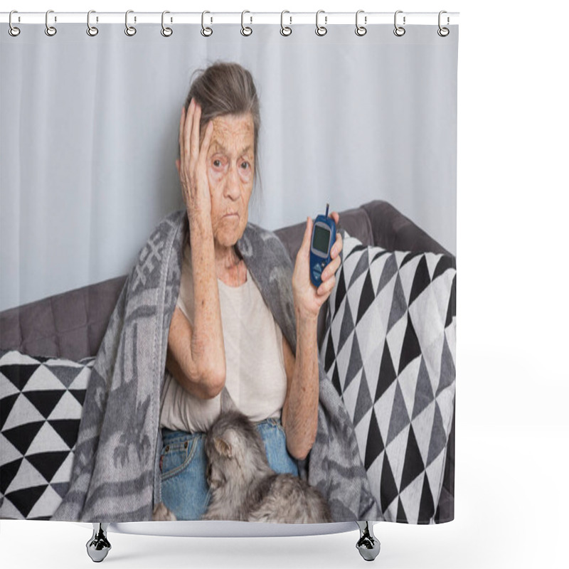 Personality  Theme Old Man And Diabetes. Older Caucasian Woman With Gray Hair And Wrinkles Home On Sofa Measures Glucose Level Blood With Help Medical Device Using Blood Glucose Meter. In The Hands Of Pet Cat. Shower Curtains