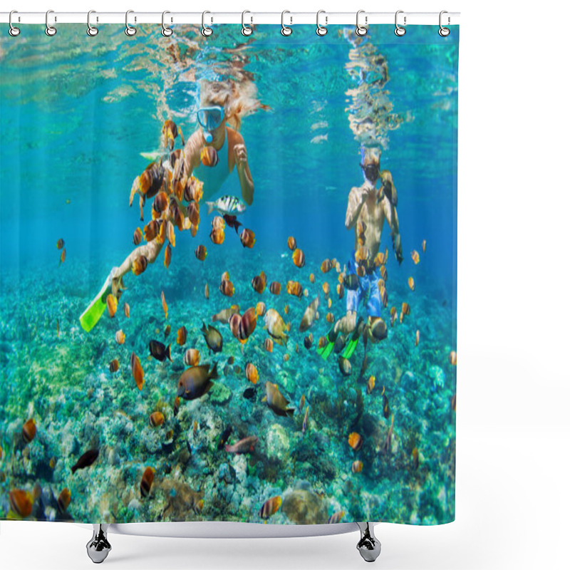 Personality  Happy Family Vacation. Young Couple In Snorkeling Mask Hold Hand, Dive Underwater With Fishes In Coral Reef Sea Pool. Travel Lifestyle, Watersport Adventure, Swim Activity On Summer Beach Holiday Shower Curtains