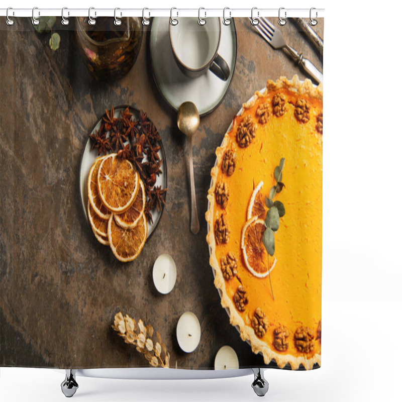 Personality  Thanksgiving Theme, Garnished Pumpkin Pie Near Candles And Orange Slices With Spices On Stone Table Shower Curtains