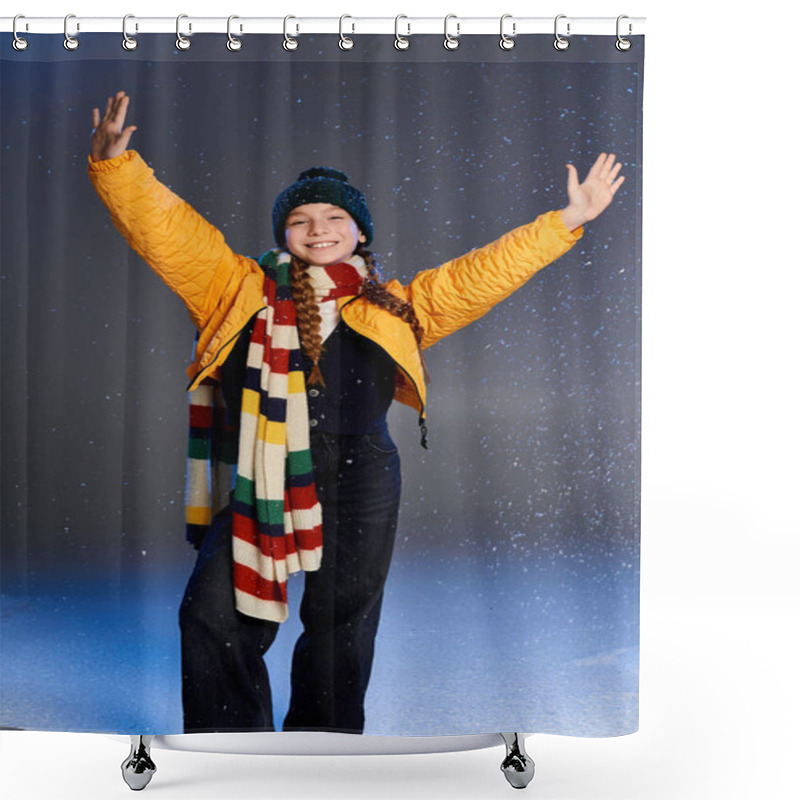 Personality  A Cheerful Girl Wearing Cozy Winter Clothing Joyfully Welcomes The Snow With Open Arms. Shower Curtains