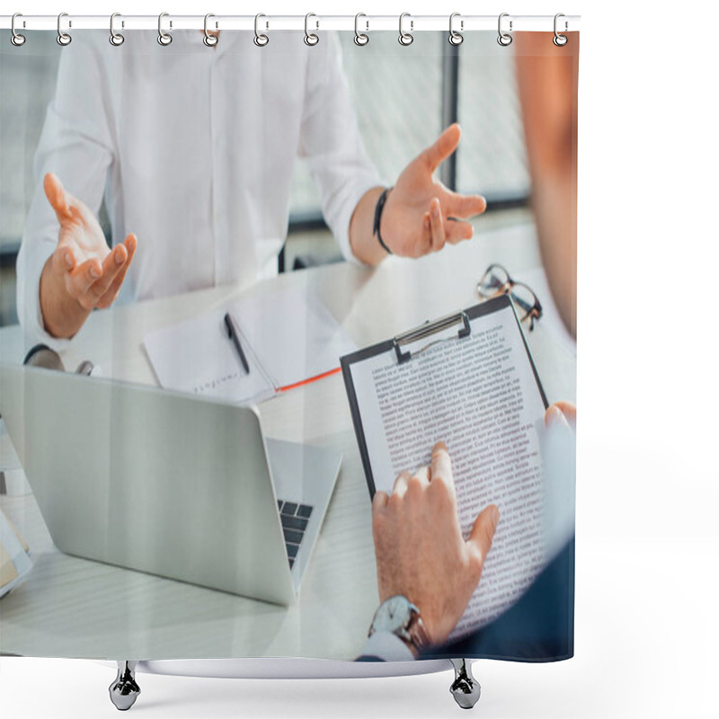 Personality  Cropped View Of Translator Working With Businessman And Documents In Office Shower Curtains