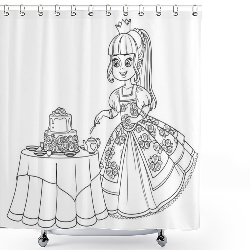 Personality  Beautiful Princess Near The Table With A Delicious Cakel Outlined Picture For Coloring Book On White Background Shower Curtains