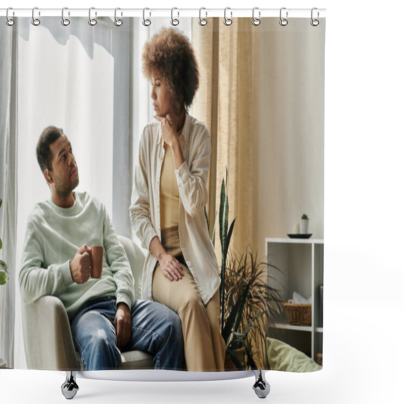 Personality  A Couple Sits In Their Living Room, Using Sign Language To Communicate. Shower Curtains