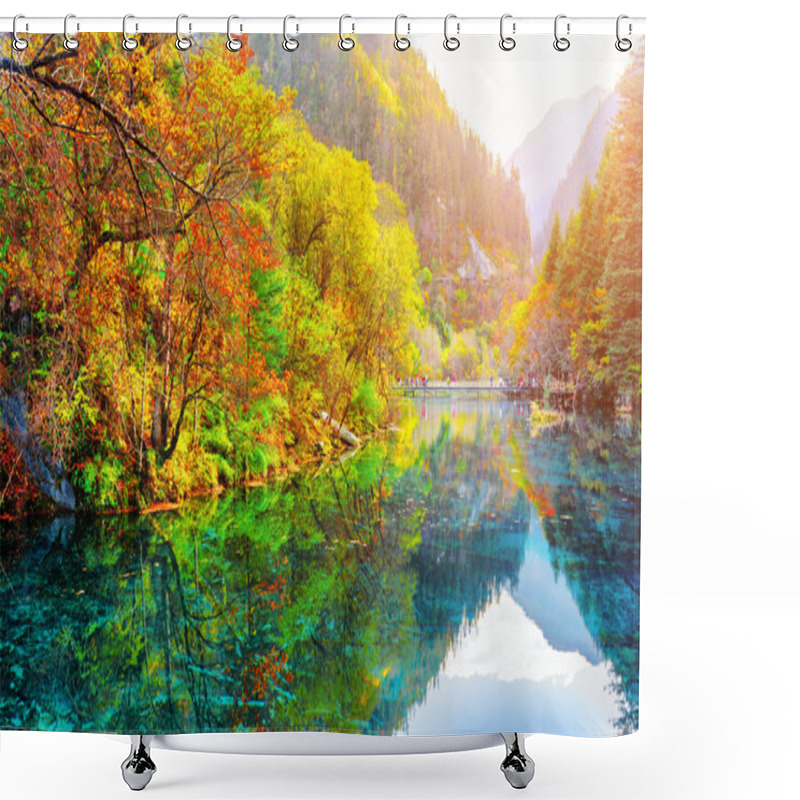 Personality  The Five Flower Lake. Autumn Woods Reflected In Water Shower Curtains