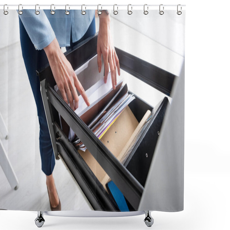 Personality  Cropped View Of Businesswoman Searching Dossier In Paper Folder In Open Cabinet Driver Shower Curtains