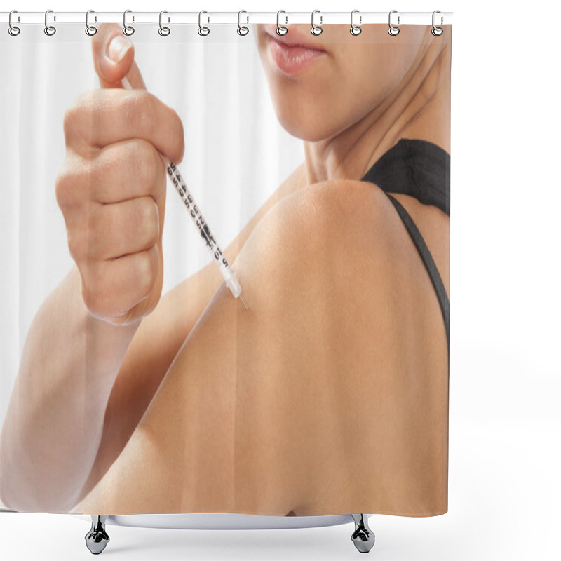 Personality  Woman Making Insulin Fluvaccination Shot By Syringe Shower Curtains