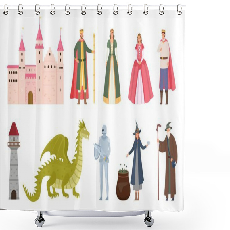 Personality  Fairytale Characters. Cartoon Medieval Prince And Princess, Dragon, Knight, Witch And Wizard. Magic Royal Castle, Queen And King Vector Set Shower Curtains