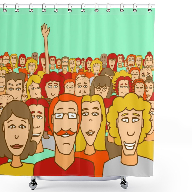 Personality  Cartoon Illustration Of A Man Raising His Hand Among Other People Shower Curtains