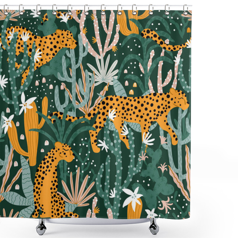 Personality  Leopard In Tropical Jungle Seamless Pattern. Vector Illustrations Of Animal, Plants, Cacti, Succulents In A Simple Cartoon Hand-drawn Style. Pastel Earthy Palette. Shower Curtains