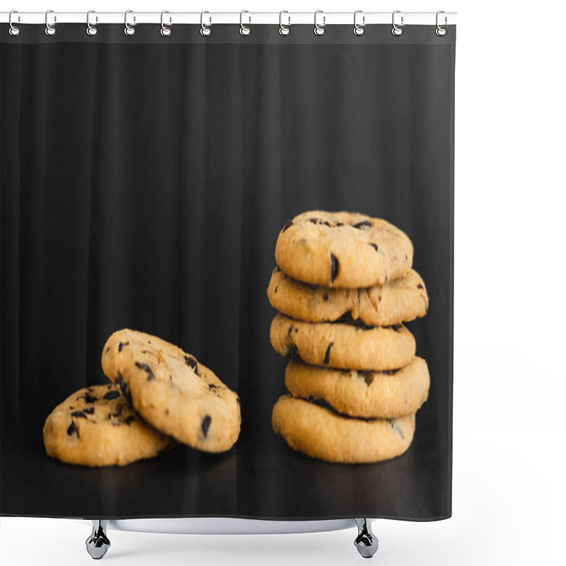 Personality  Close Up View Of Cookies With Chocolate Chips On Black Background Shower Curtains