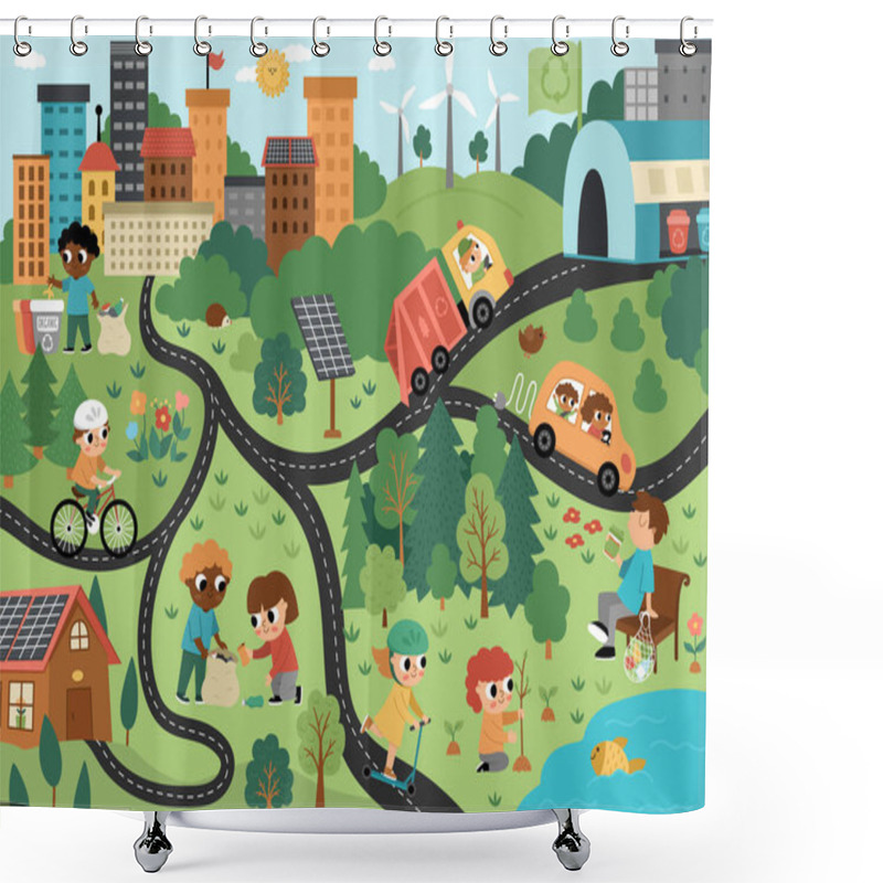 Personality  Vector Eco City Scene. Ecological Town Landscape With Alternative Transport, Energy Concept. Green City Illustration With Waste Recycling Plant, Children Caring Of Environment. Earth Day Pictur Shower Curtains