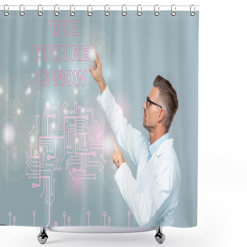 Personality  Side View Of Handsome Scientist Touching Brain Interface With 