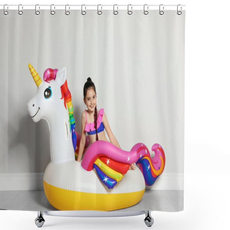 Personality  Cute Little Girl On Bright Inflatable Ring Near Light Wall Shower Curtains