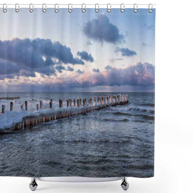 Personality  Groyne On Shore Of The Baltic Sea In Winter Shower Curtains